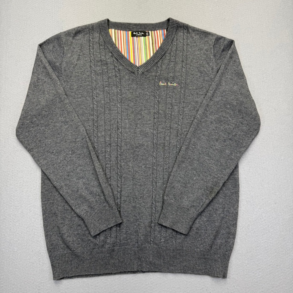 Paul Smith London Grey Cashmere Merino Wool V-Neck Cable Knit Sweater Mens XXXL